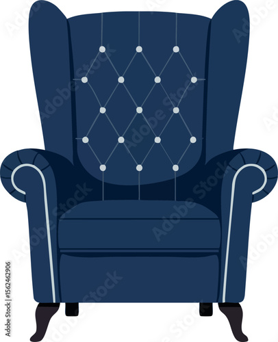 Dark blue armchair with tufted back and rolled arms vector illustration 