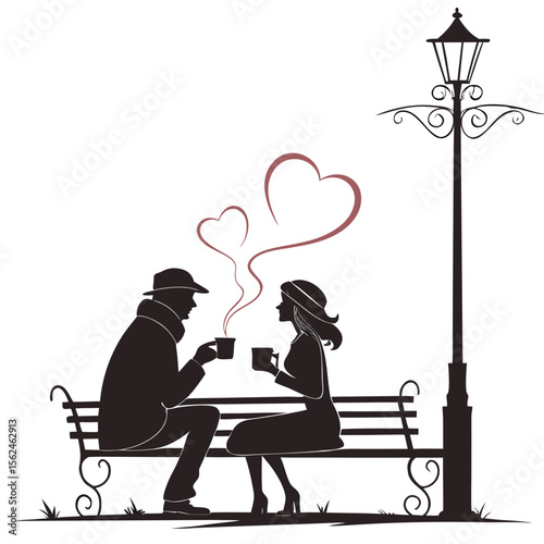 Romantic couple sipping coffee under a lamppost silhouette