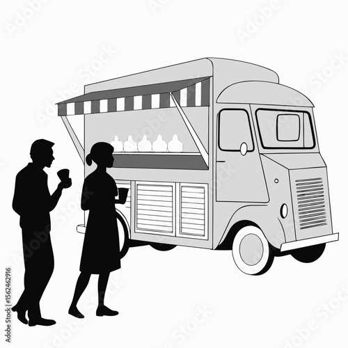 Food truck with customers serving drinks and beverages monochrome vector