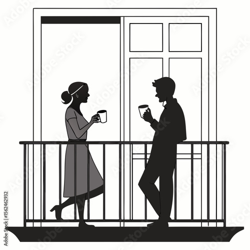 Couple enjoying coffee on a balcony silhouette vector illustration