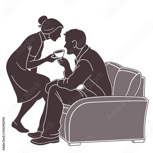 Couple in a living room moment coffee drink and relaxation concept