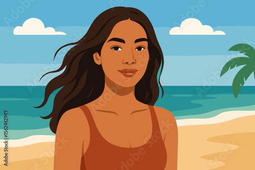 Young woman with flowing dark hair in swimsuit at tropical beach, summer vacation concept, modern flat cartoon vector illustration, seaside lifestyle, ocean, palm tree, sunny sky, relaxation