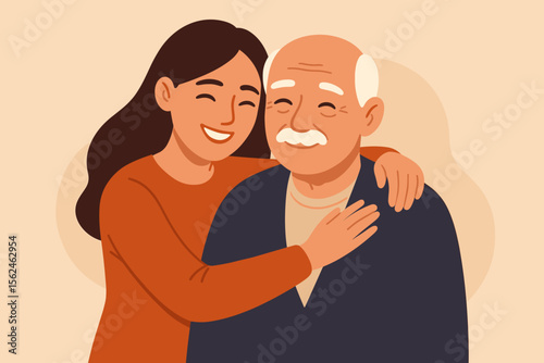 Loving daughter embracing elderly father. Family support, intergenerational bond, care and affection. Modern flat vector illustration. Parent-child relationship, togetherness, warmth, happiness, love