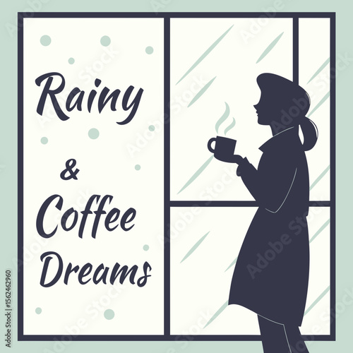 Silhouette of a woman drinking coffee by the window in rainy weather