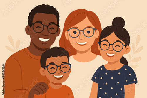Happy multiethnic family portrait wearing eyeglasses. Diverse parents and children. Modern flat cartoon vector illustration. Interracial family, togetherness, love, unity, parenting, smiling group