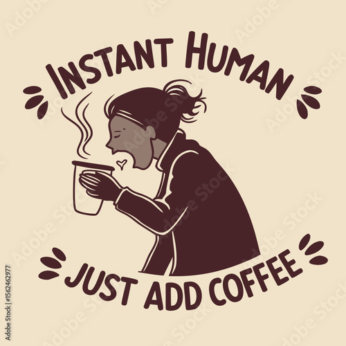 Funny illustration of a person drinking coffee to become a human