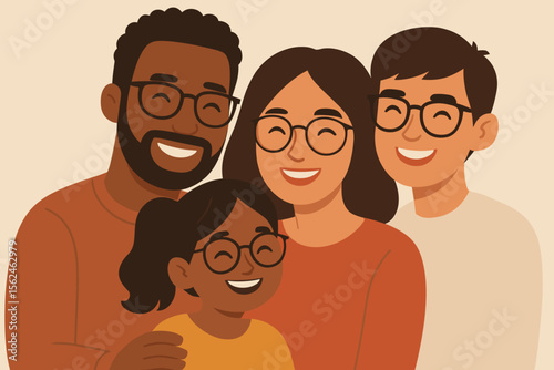 Happy multiethnic family portrait. Smiling parents and children together. Modern flat cartoon vector. Diversity, unity, togetherness. Glasses, casual clothes. Love, support, happiness, bonding.