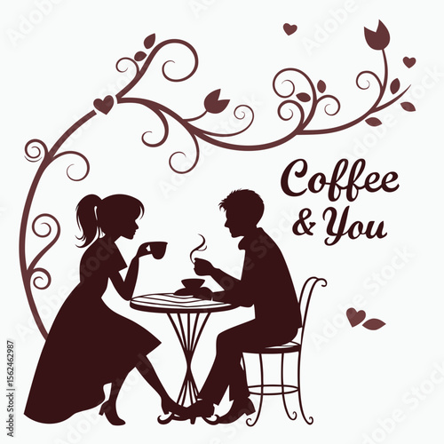 Romantic coffee date silhouette couple illustration decorative design