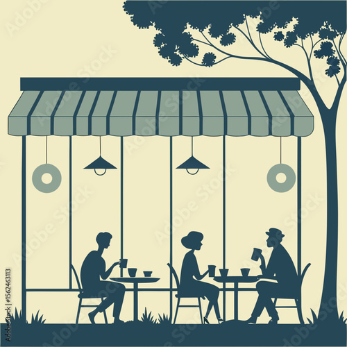 Cafe scene with silhouetted people enjoying coffee at tables