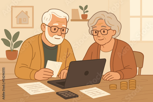 Elderly couple managing home finances online with laptop, calculator, paperwork, and coins. Senior retirement planning, budgeting, family savings, digital banking. Cozy home interior illustration.