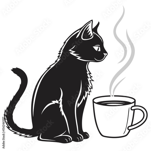 Black cat sits beside coffee mug in simple illustrated vector