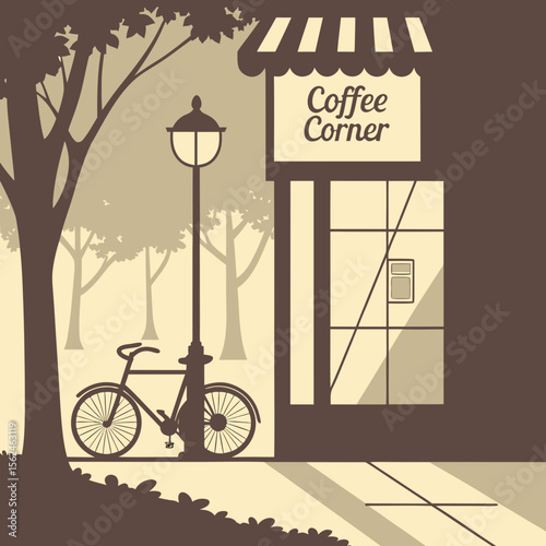 Coffee corner shop with bicycle silhouette in serene park scene