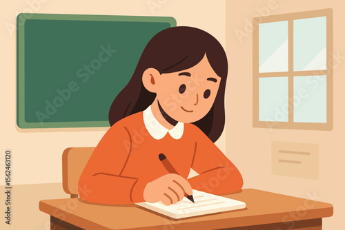 Smiling schoolgirl writing at desk in classroom, modern flat cartoon vector illustration, education concept, student learning, back to school, homework, academic achievement, study environment