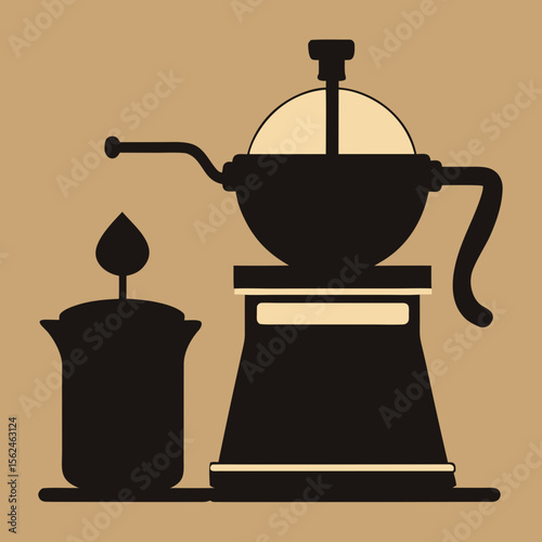 Coffee percolator and candle silhouette on brown background