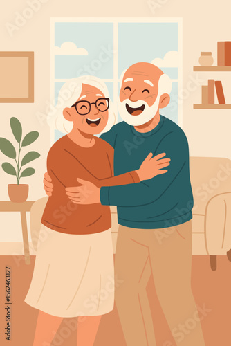 Happy senior couple embracing at home, elderly man and woman hugging, loving relationship, retirement lifestyle, cozy living room, modern flat vector cartoon illustration, family affection