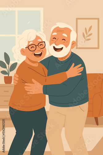 Happy senior couple embracing and laughing together at home. Elderly love, retirement lifestyle, joyful grandparents, affectionate relationship, cozy living room, modern flat vector illustration