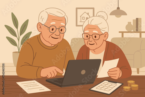 Elderly couple managing household finances online, budgeting, paying bills, using laptop, documents, calculator, coins, modern home interior, retirement planning, flat vector illustration