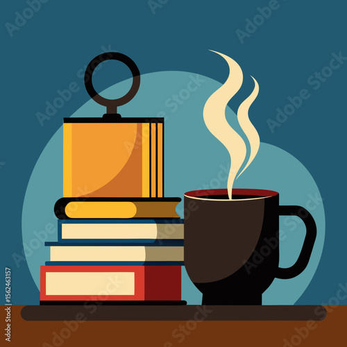 Books and steaming coffee composition in a minimalist style