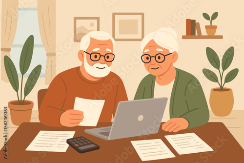 Senior couple managing home finances together, using laptop, calculator, and paperwork at table. Retirement planning, budget analysis, financial management, cozy home interior, modern flat vector