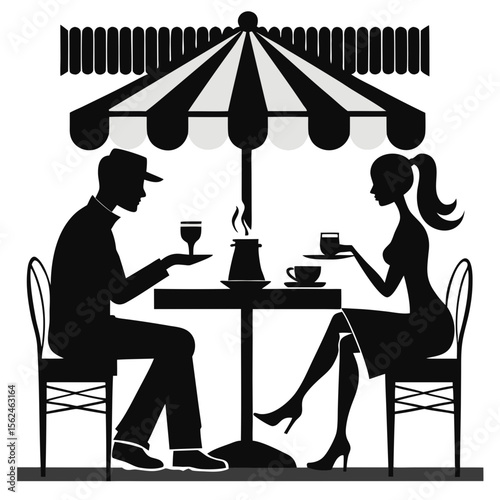 Romantic cafe date silhouette featuring couple under an umbrella
