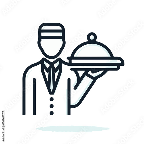 Hotel staff serving food with cloche in uniform and hat  