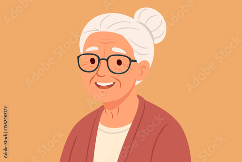 Elderly woman with white hair in bun wearing glasses and cardigan. Senior female character portrait. Modern flat vector illustration. Grandmother, aging, retirement, wisdom, care, family concept.