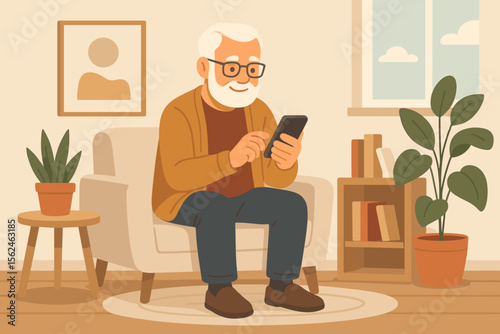 Elderly man using smartphone at home, sitting in cozy living room armchair, digital technology for seniors, modern communication, indoor leisure, flat vector cartoon illustration