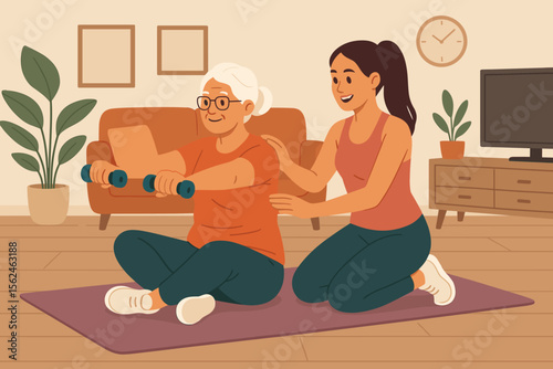 Senior woman exercising with personal trainer at home, physical therapy, fitness training, rehabilitation, healthy lifestyle, support, dumbbells, modern living room, wellness concept illustration