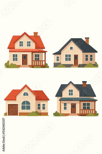 Modern suburban house exteriors collection. Set of country homes, townhouses with red and gray roofs, verandas, windows, doors, chimneys. Flat vector illustration for real estate, architecture design