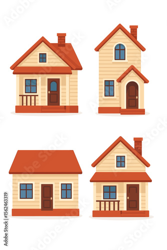 Charming country house exteriors set. Modern townhouse and cottage vector collection with red roofs, verandas, windows, doors, chimneys. Real estate, architecture, residential home design