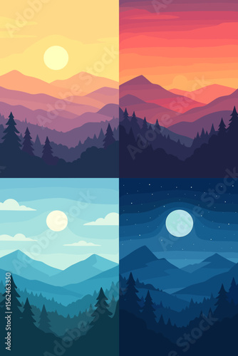 Mountain landscape vector set with sunrise, sunset, day and night scenes. Forest silhouette, layered mountains, colorful sky backgrounds. Nature panorama at different times of day illustration