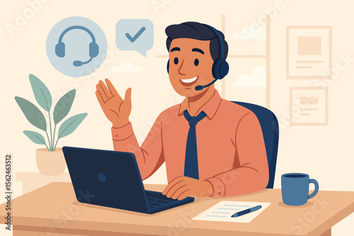 Customer support representative working remotely at office desk with headset, laptop, coffee, call center communication, online service, help desk, technical assistance, business concept illustration