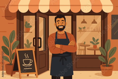 Smiling cafe owner standing confidently at coffee shop entrance. Modern flat vector illustration of small business success, entrepreneurship, hospitality, local cafe exterior, welcoming atmosphere