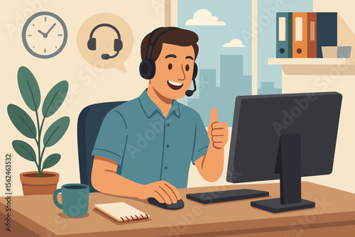 Friendly customer service representative at office desk with headset, computer, coffee, notepad, giving thumbs up. Modern flat vector illustration of remote support call center workspace