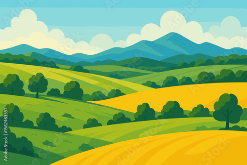 Vibrant summer landscape with rolling yellow and green meadows, lush fields, scattered trees, distant blue hills and mountains, scenic countryside, rural farmland, nature illustration