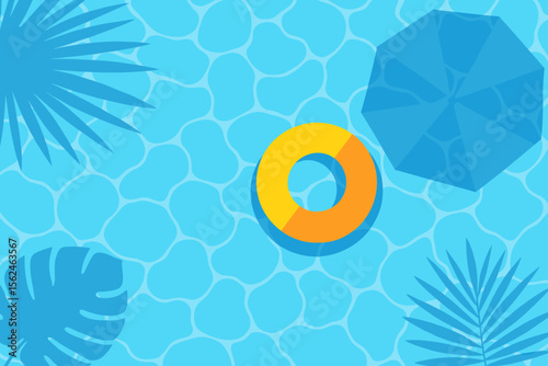 Summer swimming pool background with water ripples, yellow inflatable ring, tropical palm leaf shadows, sun umbrella, blue water surface texture, vacation relaxation vector illustration