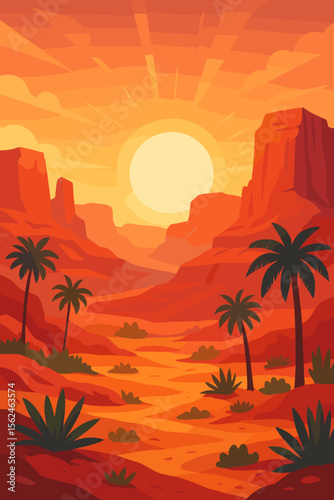 Vibrant sunrise desert landscape with dramatic red sandstone canyons, palm trees, wild west scenery, arid climate, lush vegetation, sun rays, rugged mountains, and golden valley terrain