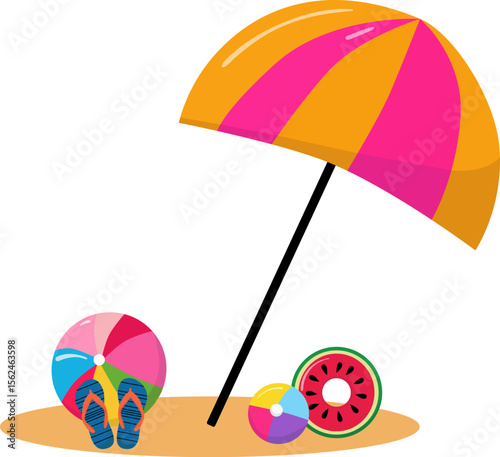 Vector illustration with beach umbrella, colorful beach balls, flip-flops, swimming ring lying on sand.