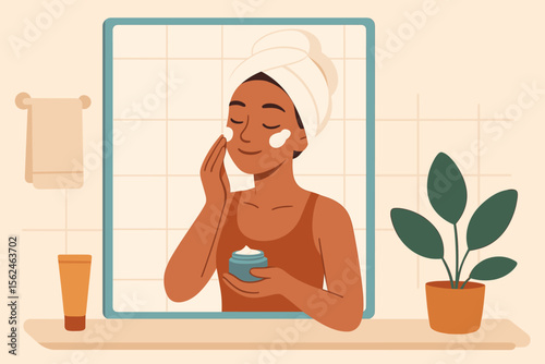 Morning skincare routine illustration of woman applying moisturizer in bathroom, self care, towel on head, healthy skin, beauty ritual, flat cartoon vector, home interior, plant decor