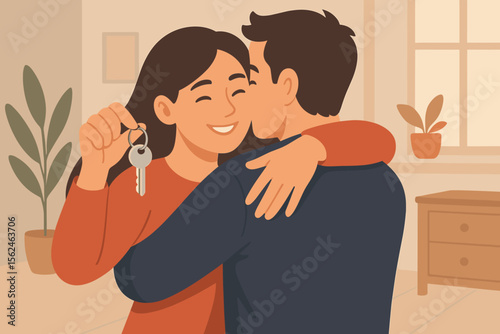 Happy couple embracing and celebrating new home, woman holding house keys, modern flat vector illustration, first time homeowners, moving in, real estate, property ownership, cozy interior
