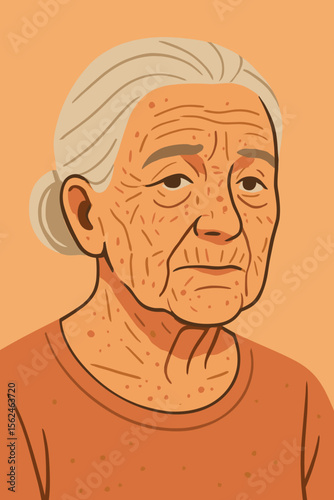 Elderly woman with gray hair, wrinkled neck, age spots, and skin imperfections. Senior female portrait. Aging process, mature skin texture, realistic flat vector illustration. Healthcare concept.