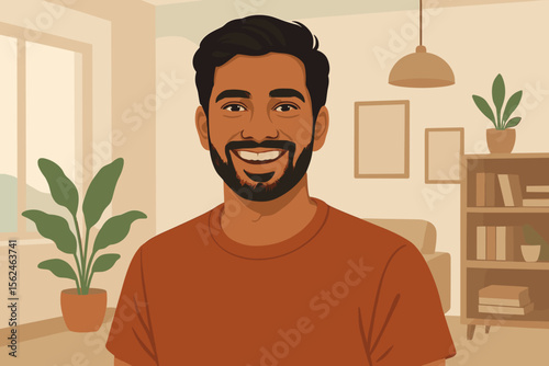 Modern flat vector illustration of young man in casual t-shirt sitting indoors, cozy home interior with houseplants, bookshelf, framed wall art, pendant lamp, natural light, relaxed lifestyle concept