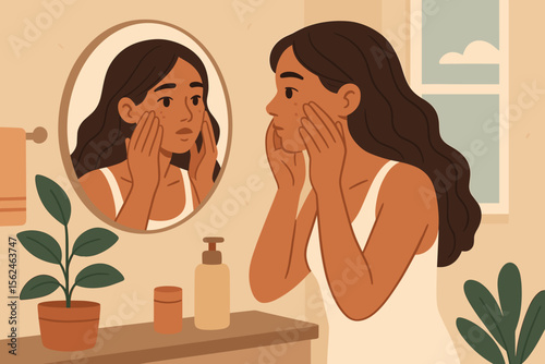 Young woman examining facial skin in bathroom mirror, morning skincare routine, self-care, healthy lifestyle, flat vector illustration, beauty and wellness, home interior, natural light