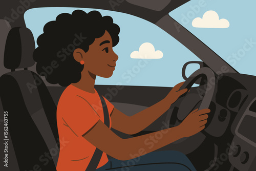 Confident young African American woman driving car, wearing seatbelt, modern flat vector illustration, safe transportation, female driver, road trip, urban commuting, travel lifestyle concept