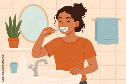 Morning hygiene routine woman brushing teeth bathroom sink. Daily self care, dental health, oral hygiene, home interior, mirror, plant, towel, flat cartoon vector illustration