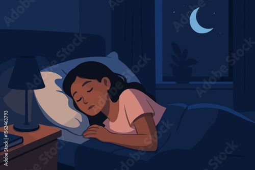 Peaceful young woman sleeping deeply in cozy bedroom at night, crescent moon shining through window, modern flat vector illustration, restful sleep, relaxation, healthy lifestyle, nighttime routine