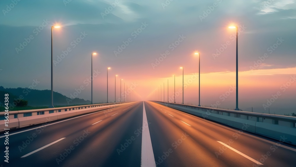 Obraz premium Infinite Highway: Illuminated Path Towards Dawn's Horizon and Endless Journeys