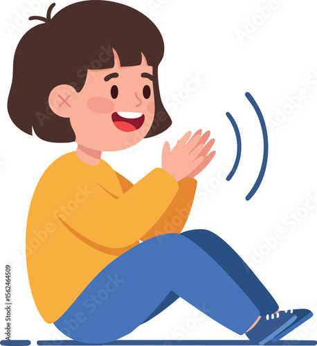 Child Sitting and Clapping Hands Wearing Yellow Sweater and Blue Pants Vector Illustration 