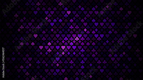 Purple Cards Signs Random Pattern Casino Background. Symbols of Playing Cards Spades, Hearts, Diamonds, Clubs. Design for ad, poster, banner of gambling websites. vector illustration