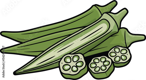 Vibrant Okra Vegetable Illustration Depicts Fresh Produce With Green Hues and Intricate Detail, Perfect for Culinary and Artistic Projects Vector illustration